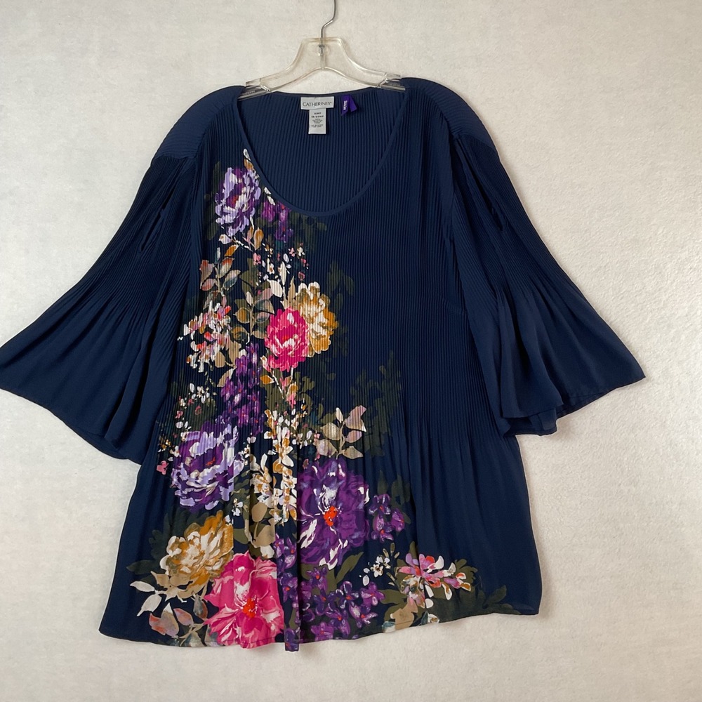 Catherines Navy Blue Floral Pleated Split Bell Sleeve Blouse Plus 1XWP 18/20WP